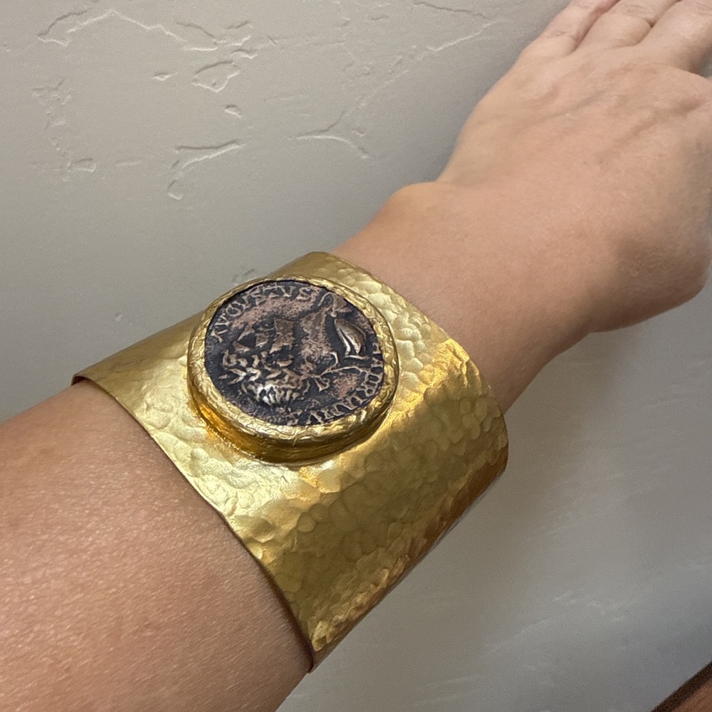 Vintage Roman Coin Cuff Bracelet Hammered Revival Emperor Hadrian Large Wide
